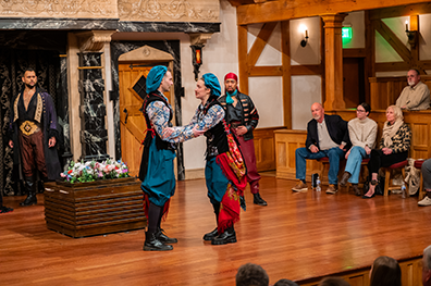 At the center of the photo, Sebastian to the left and Viola to the right, both costued aline in colorful flowered shirts, black vests, royal blue pants and caps, with Viola also wearing a red-patterned cap, hold arms as they realize they are reunited twins. Topher Embry as Orsino wearing chest-baring, gold embroidered black shirt, brown pants and huge belt buckle stares in amazement, as does Darin F Earl II's Antonio dressed as a psychoedlic pirate beyond Viola. Between Orsino and the twins is a trun with flowers on top, and in the background to the right are members of the audience sitting on gallant stools on the side of the stage.