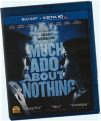 Box cover for DVD showing Benedick and Beatrice facing each other on a blue background
