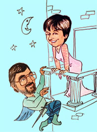Caricature by Deano of Sarah as Juliet on a balcony and Eric as Romeo climbing up to her.