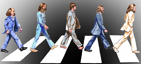 Cartoons by Deano caricature of the Beatles on a crosswalk, a la Abbey Road cover, with William Shakespeare as the fifth Beatle.