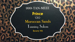 Card with "999-TAN-MEEE; Prince CEO Moroccan Sands Tanning Salons, Beverly Hills" on a leopard print background