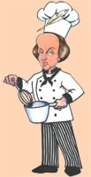 Caricature of Shakesepeare in chef's jacket and hat, quill pen stuck in hat, holding a pot in his left hand and a whisk in his right