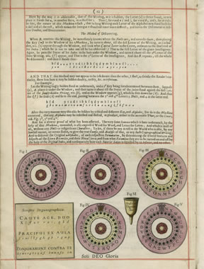 Yellowed page from an old book, with blocks of type going across the upper half of the page, and five purple disks with characters in them along with a key box in two levels across the lower half of the page.