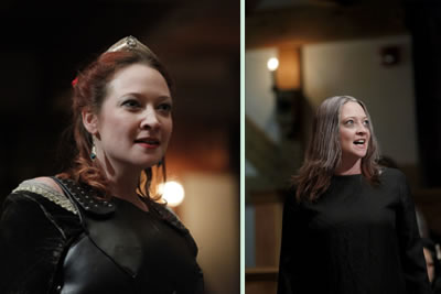 Two pictures: left Margaret with crown, leather breastplate, coiffured hair; right, Margaret in plain black gown, straggly gray hair, hollow eys