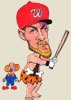 Caricature of Bryce Harper in red baseball hat with Washington Nationals' curly W, bat in hand, bandaide over one eye, dressed as Bam Bam with a clown in the backgroun