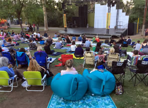Photo of crowd in chairs, airseats, and blankets on hill looking down at stage