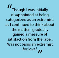 In quotes: "Though I was initially disappointed at being categorized as an extremist, as I contineud to think about the matter I gradually gained a measure of satisfaction from the label. Was not Jesus an extremist for Love?"