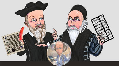 Caricacature of John Gee and Nostradamus with Shakespeare in a crystal ball