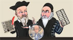 Caricacature of John Gee and Nostradamus with Shakespeare in a crystal ball