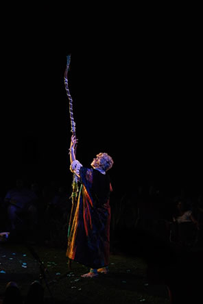 Production photo of Prospero casting a spell with his staff pointing up into the night sky.