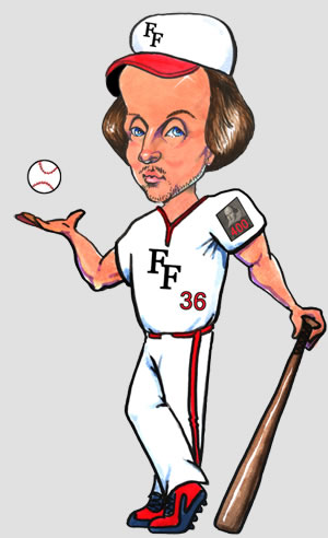 Shakespeare in a white baseball uniform, "FF" logo on hat and jersey, number 36, and a "400" patch on his left sleeve, crossed legs and leaning on a bat with his left hand while tossing a baseball in his right