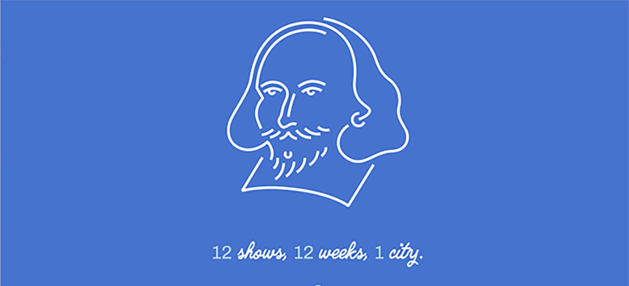 Shakespeare Everywhere logo, a sky blue background with a white pencil drawing outline of William Shakespeare's portrait and at the bottom the words in cursive: "12 shows, 12 weeks, 1 city."